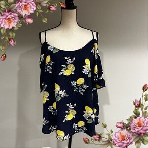 Navy color lemon print cold shoulder short sleeve blouse
